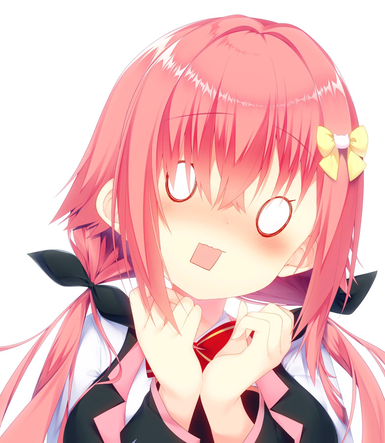 1girl, black_bow, blank_eyes, blush, bow, bowtie, cat_hair_ornament, clenched_hands