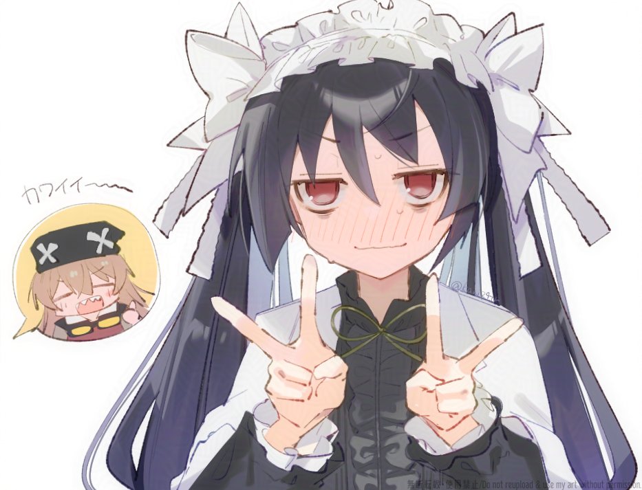 2girls, bags_under_eyes, black_dress, black_hair, black_hat, blush, bow, brown_hair