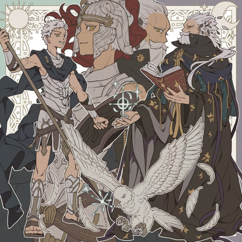 absurdres, armor, beard, bird, book, brown_eyes, facial_hair, fate/grand_order