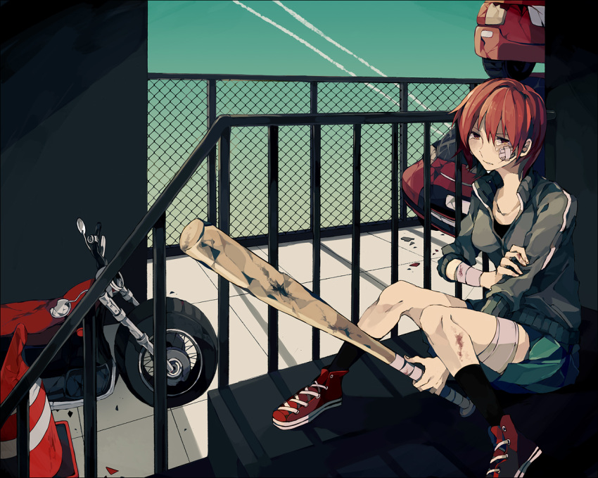 bandage, baseball_bat, bruised, crying, injured, orange_hair, short_hair