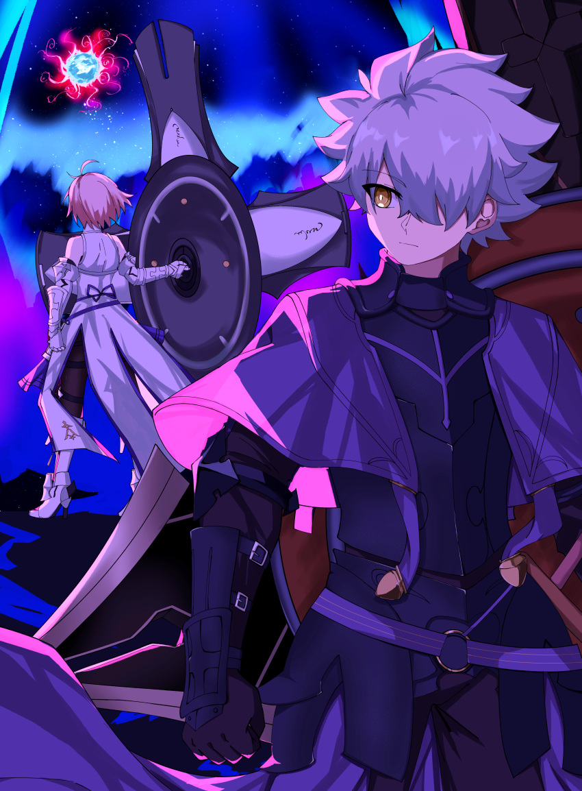 1boy, 1girl, absurdres, armor, bare_shoulders, black_armor, black_gloves, breastplate
