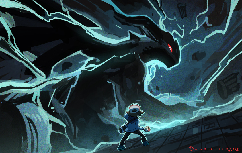 1boy, artist_name, blue_jacket, broken_pillar, brown_hair, colored_sclera, electricity, highres, hilbert_(pokemon), holding, holding_poke_ball, jacket, kyuare, looking_at_viewer, poke_ball, poke_ball_(basic), pokemon, pokemon_(creature), pokemon_bw, red_sclera, zekrom