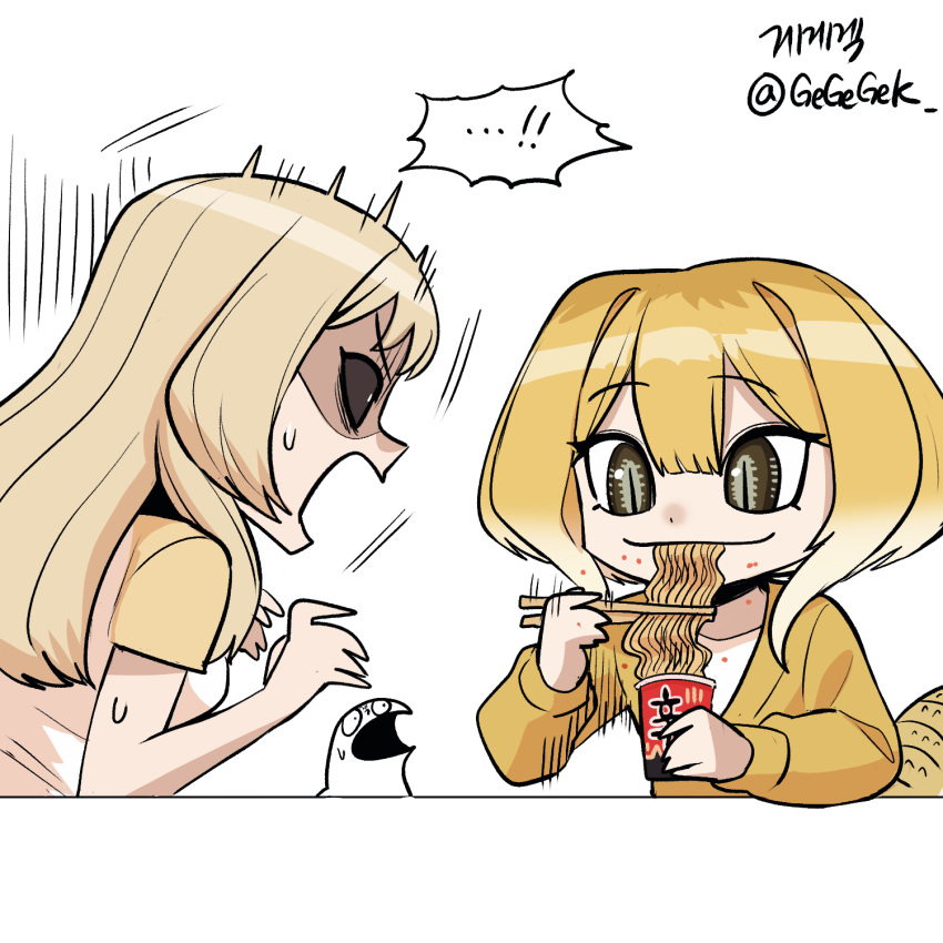 !, ...!, 2girls, artist_name, artist_self-insert, black_sclera, blonde_hair, bob_cut