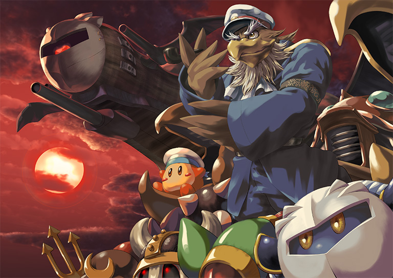 armor, axe_knight_(kirby), blue_coat, blush_stickers, captain_vul, coat, halberd_(airship), hat