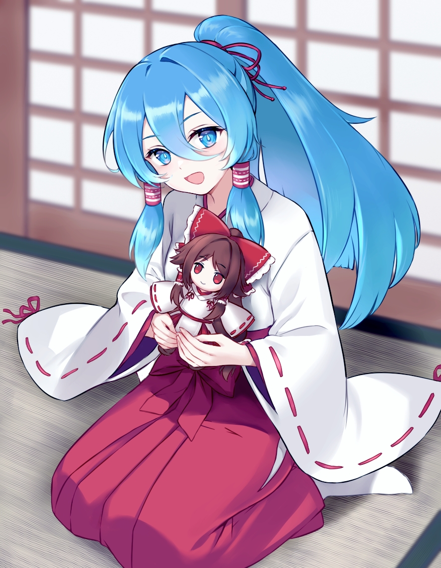 1girl, :d, alternate_costume, beikeice, blue_eyes, blue_hair, blush, breasts