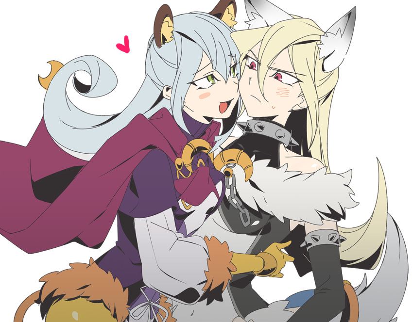 2girls, 3_ma_me, animal_ears, blonde_hair, blush, cape, cosplay, elbow_gloves, fake_animal_ears, gloria_tyler, gloves, grace_tyler, green_eyes, grey_hair, heart, hug, long_hair, lunalight_gold_leo, lunalight_silver_hound, multiple_girls, red_eyes, siblings, simple_background, sisters, white_background, yu-gi-oh!, yu-gi-oh!_arc-v