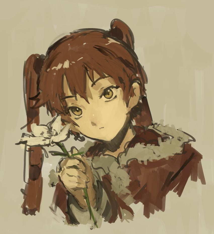 1girl, cropped_torso, flower, grey_background, highres, holding, holding_flower, kornod