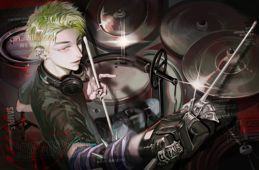 1boy, alternate_costume, black_shirt, commission, drum, drum_set, drumsticks, gloves