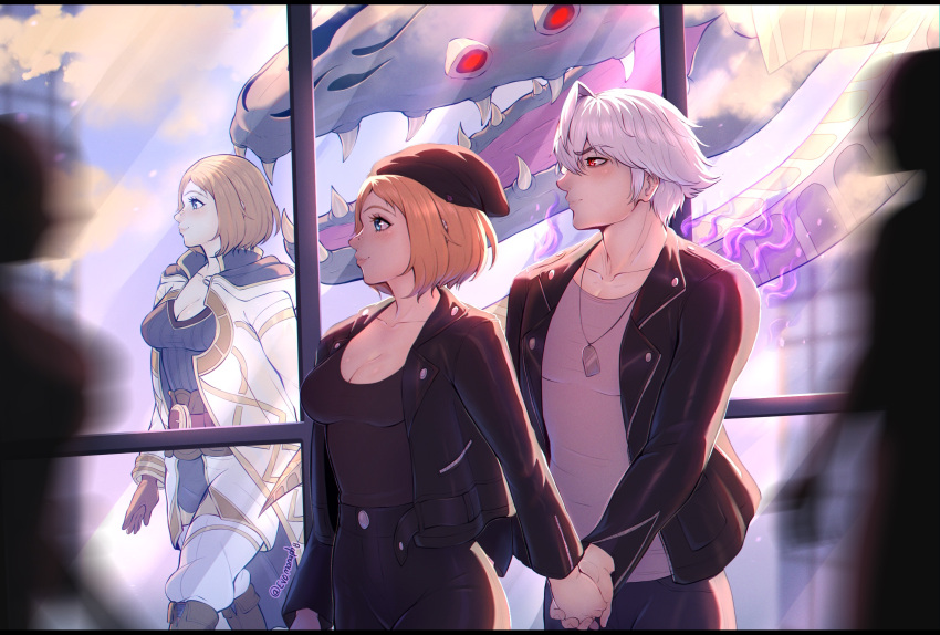 1boy, 1girl, artist_name, beanie, blonde_hair, blue_eyes, blue_shirt, building
