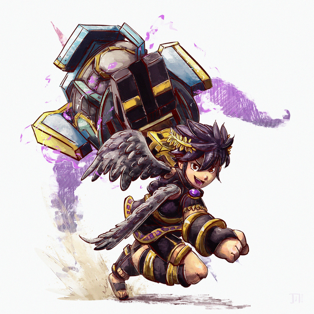 1boy, angel, angel_wings, artist_logo, bike_shorts, clenched_hand, dark_pit, electricity