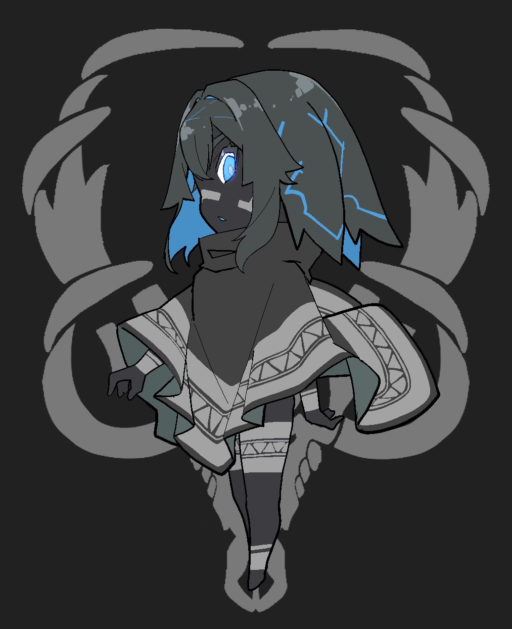 1girl, black_background, black_hair, blue_eyes, blue_hair, chibi, colored_skin, emblem