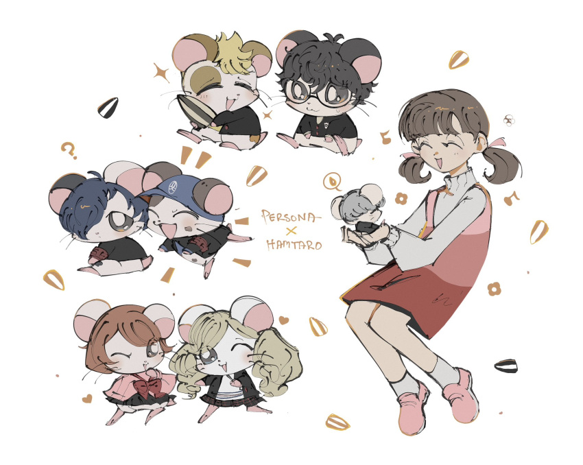 3girls, 5boys, ?, amamiya_ren, animalization, armband, baseball_cap, black-framed_eyewear
