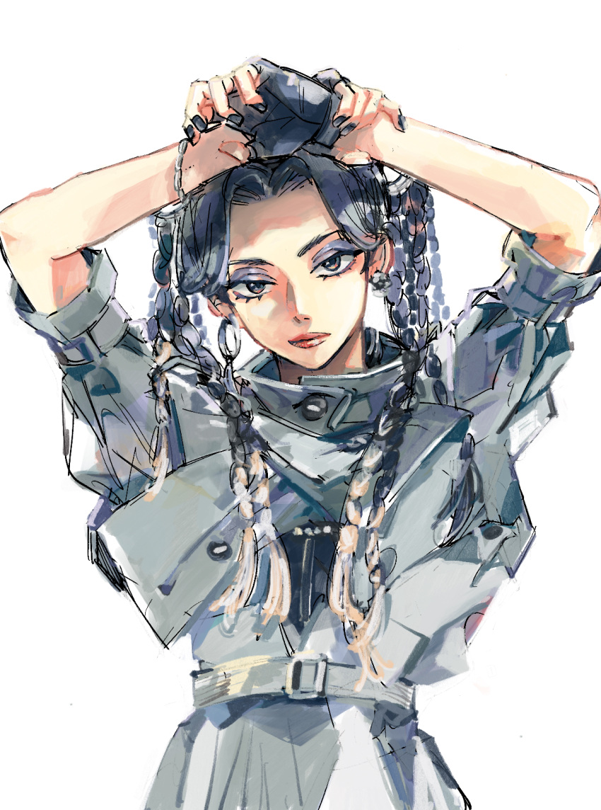 1girl, 3shimap, amatsumi_itsuka, arm_belt, arms_up, belt, black_gloves, black_hair, black_nails, braid, chain, chain_bracelet, costume_request, curtained_hair, earrings, expressionless, eyelashes, eyeshadow, gloves, head_tilt, high-waist_pants, high_collar, highres, holding_own_wrist, hoop_earrings, hypnosis_mic, hypnosis_mic:_rule_the_stage, jacket, jewelry, lipstick, long_hair, looking_at_viewer, makeup, multicolored_eyes, multiple_braids, pants, parted_bangs, purple_eyeshadow, red_lips, shirt_tucked_in, short_sleeves, simple_background, solo, straight-on, twintails, upper_body, white_background, white_belt, white_jacket, white_pants