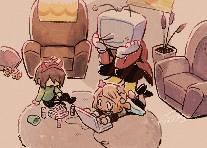 1boy, 1girl, 1other, :|, aged_down, ant_tenna, armchair, blonde_hair