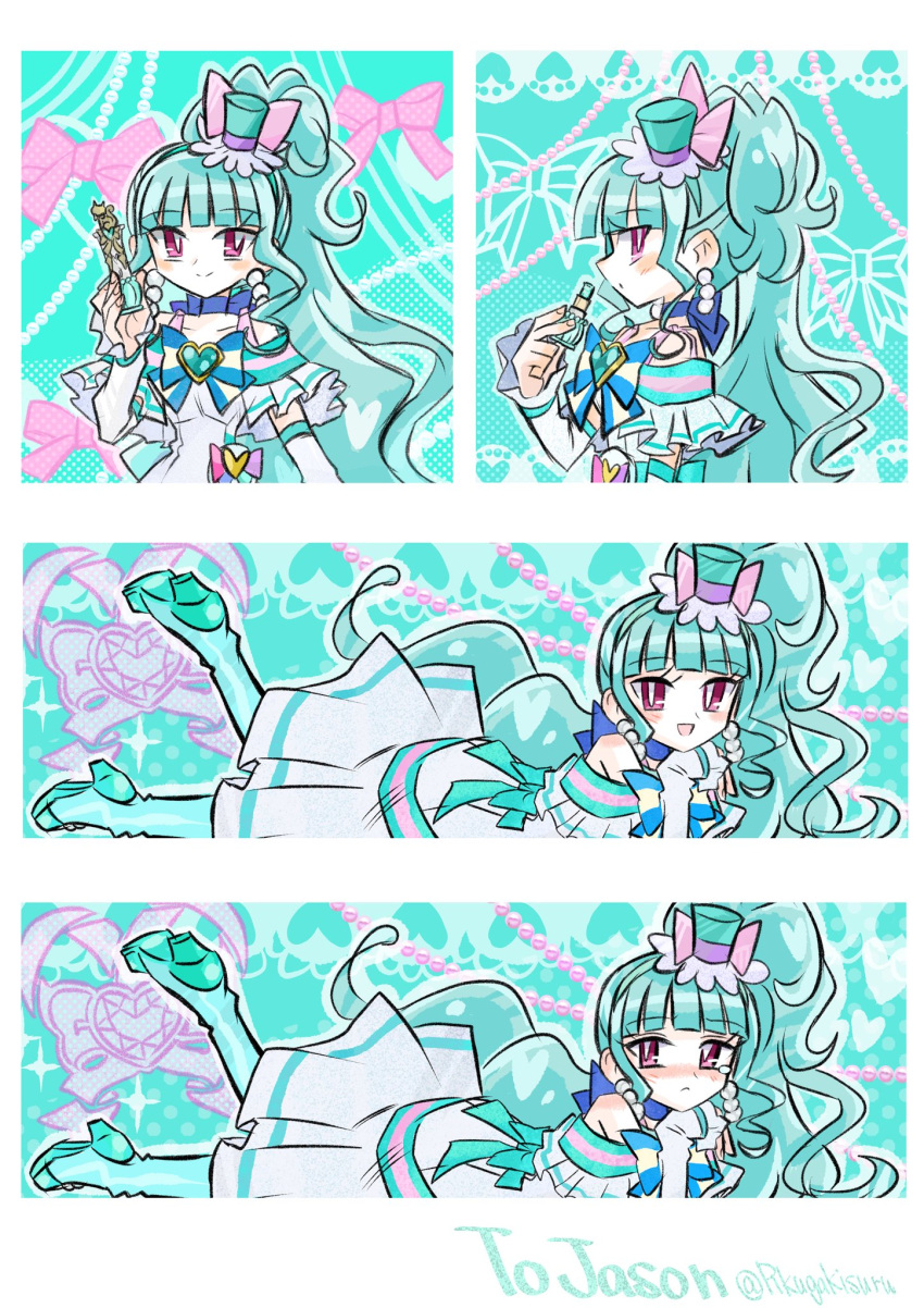 1girl, :o, aqua_background, aqua_brooch, aqua_hair, aqua_hairband, aqua_hat, aqua_shoes