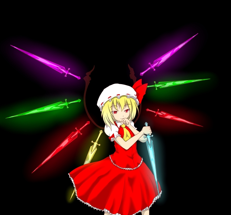 alternate_wings, ascot, blonde_hair, bow, flandre_scarlet, hair_bow, hat, red_eyes