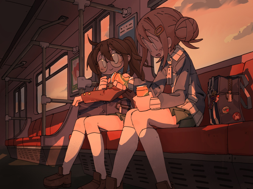 2girls, backpack, bag, brown_hair, colalk, double_bun, dusk, evening