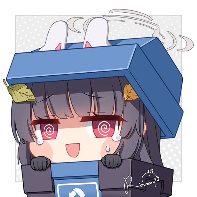 1girl, @_@, animal_ears, arrow_(symbol), artist_name, black_gloves, blue_archive, blunt_bangs