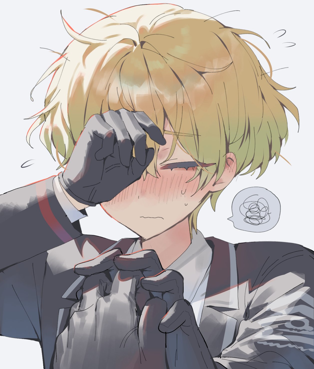 1boy, 1other, bad_id, bad_twitter_id, black_gloves, blonde_hair, blush, closed_eyes