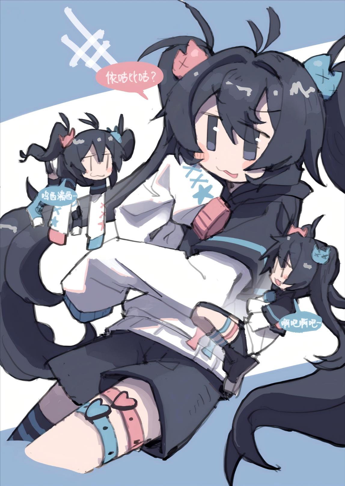 1girl, antenna_hair, black_eyes, black_hair, blush, blush_stickers, chibi, colalk, hair_between_eyes, highres, jacket, long_hair, long_sleeves, original, shorts, smile, twintails, very_long_hair