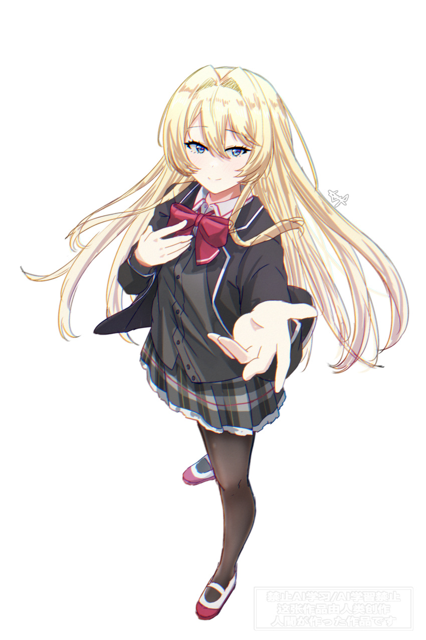 1girl, absurdres, black_jacket, black_pantyhose, blonde_hair, blue_eyes, bow, bowtie