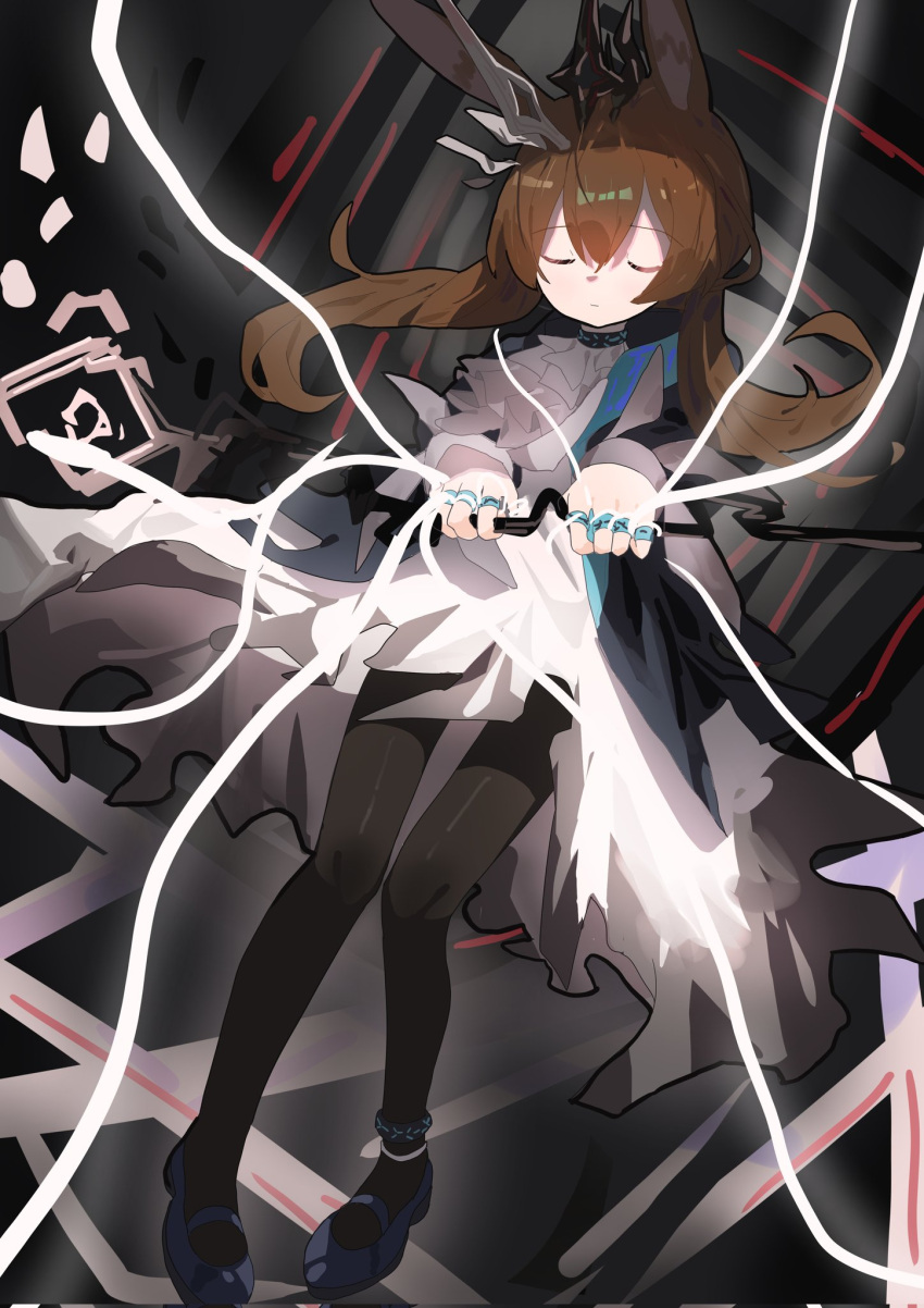 1girl, amiya_(arknights), amiya_(medic)_(arknights), animal_ears, arknights, black_pantyhose, brown_hair, closed_eyes