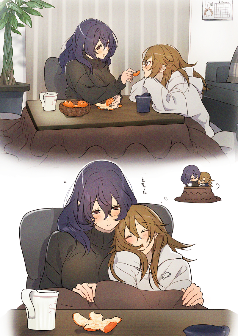 2girls, 404no2929, black_sweater, blush, brown_hair, calendar_(object), closed_mouth, commentary_request