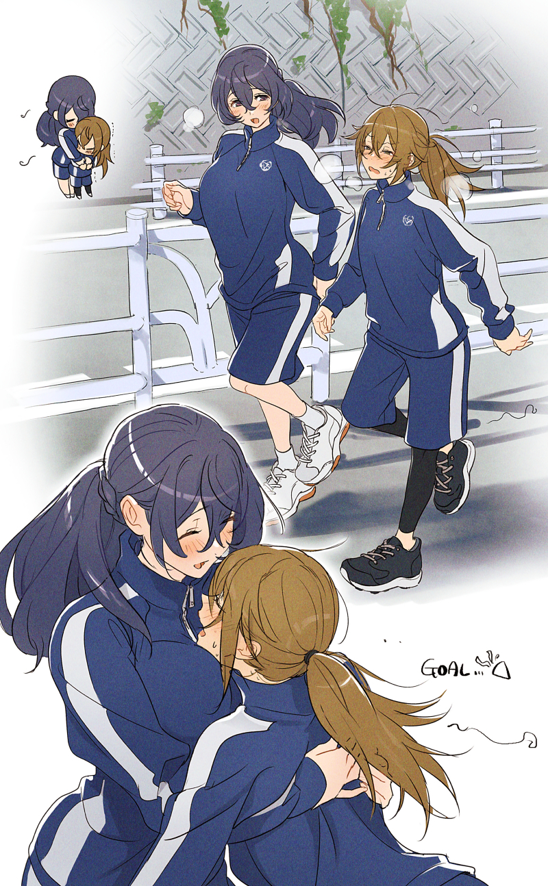 2girls, 404no2929, black_leggings, black_shoes, blue_jacket, blue_shorts, blush, breath