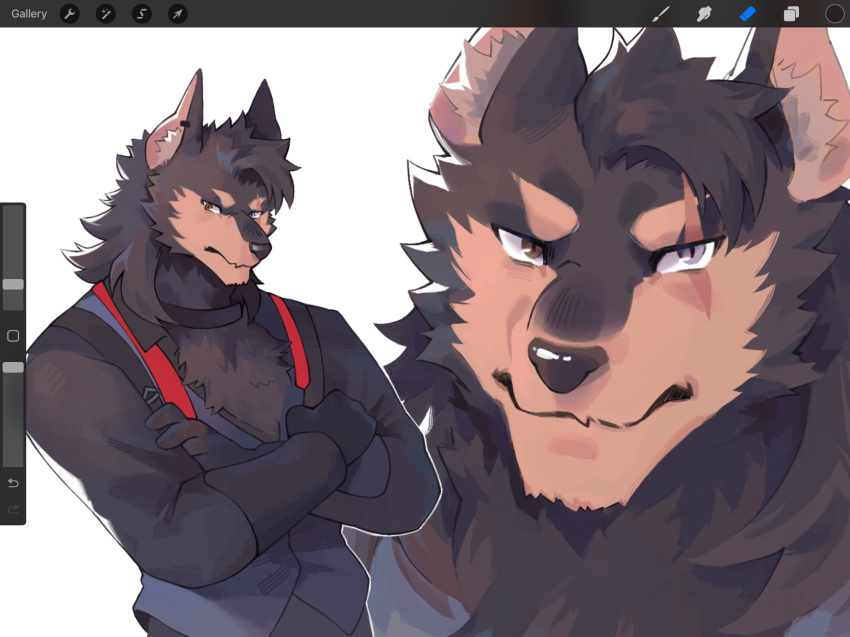 1boy, animal_ears, art_program_in_frame, art_program_request, black_shirt, closed_mouth, crossed_arms, earrings