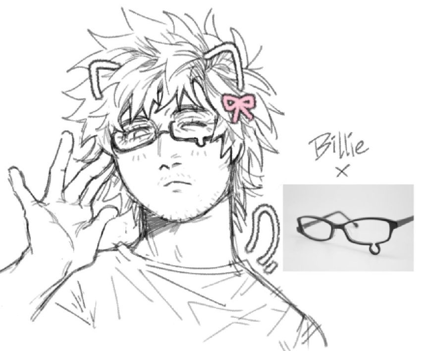1boy, ;<, animal_ears, artist_request, billie_joe_armstrong, bow, cat_ears, glasses