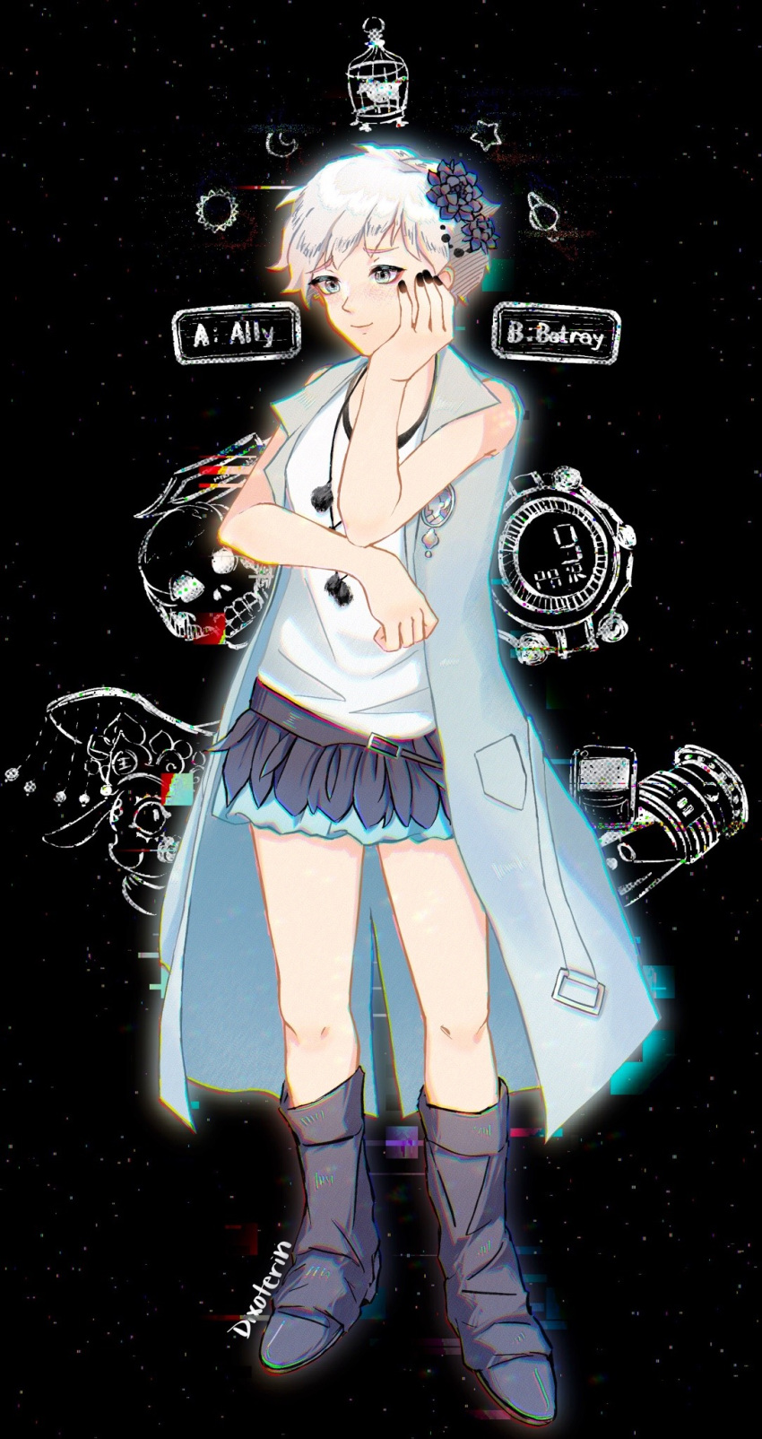 1girl, artist_name, bird, birdcage, black_boots, black_flower, black_nails, black_skirt