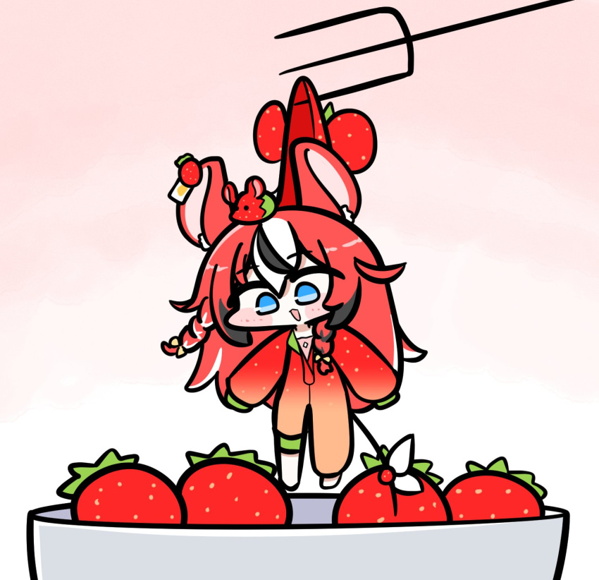 1girl, animal_ears, black_hair, blue_eyes, braid, chibi, food, fork