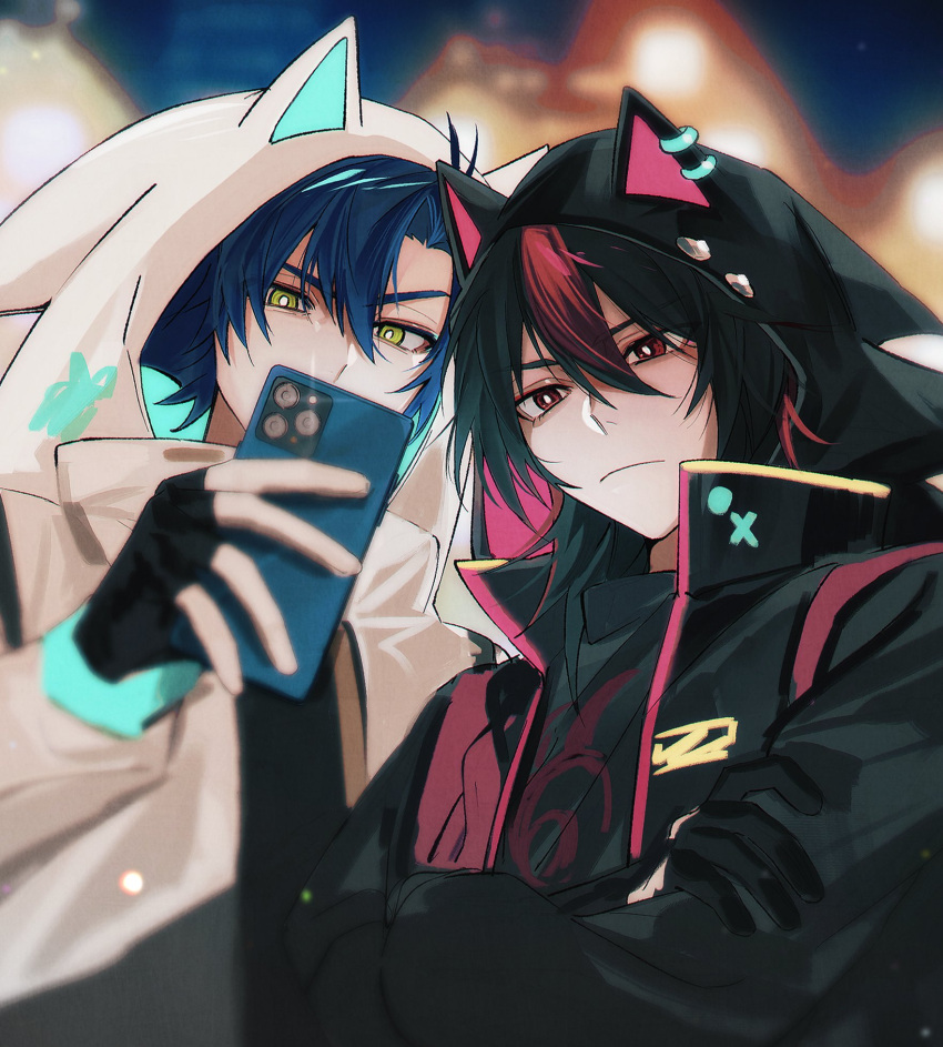 2boys, animal_ear_hood, black_arms_insignia, black_gloves, black_hair, black_jacket, black_shirt, blue_hair