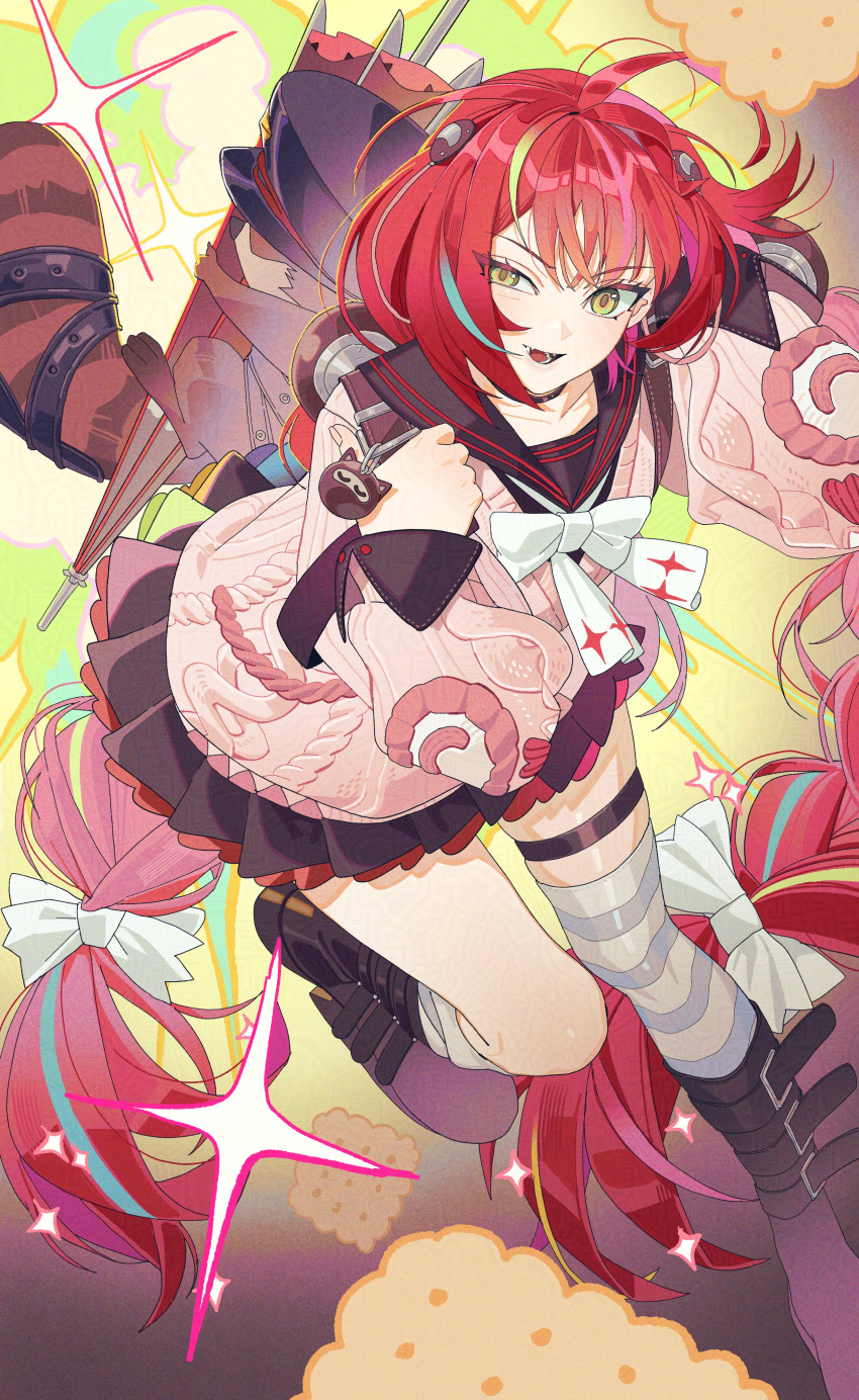 1girl, :d, absurdres, ahoge, animal_on_back, biscuit_(bread), black_boots, black_choker, black_sailor_collar, boots, bow, bowtie, braid, cardigan, chest_bow, choker, green_eyes, highres, kama_(zenless_zone_zero), long_hair, loose_thighhigh, multicolored_hair, pd_honey, pink_cardigan, raccoon, red_hair, red_umbrella, sailor_collar, skirt, smile, solo, sparkle, sphere_hair_ornament, streaked_hair, striped_clothes, striped_thighhighs, thigh-highs, thigh_strap, twin_braids, ukinami_yuzuha, umbrella, very_long_hair, white_bow, white_bowtie, zenless_zone_zero