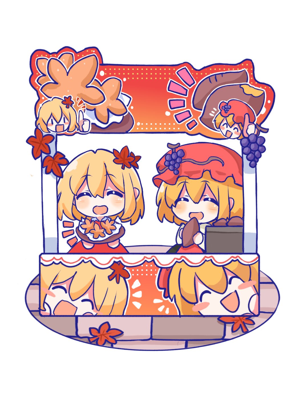 2girls, aki_minoriko, aki_shizuha, apron, autumn_leaves, blonde_hair, blush, closed_eyes