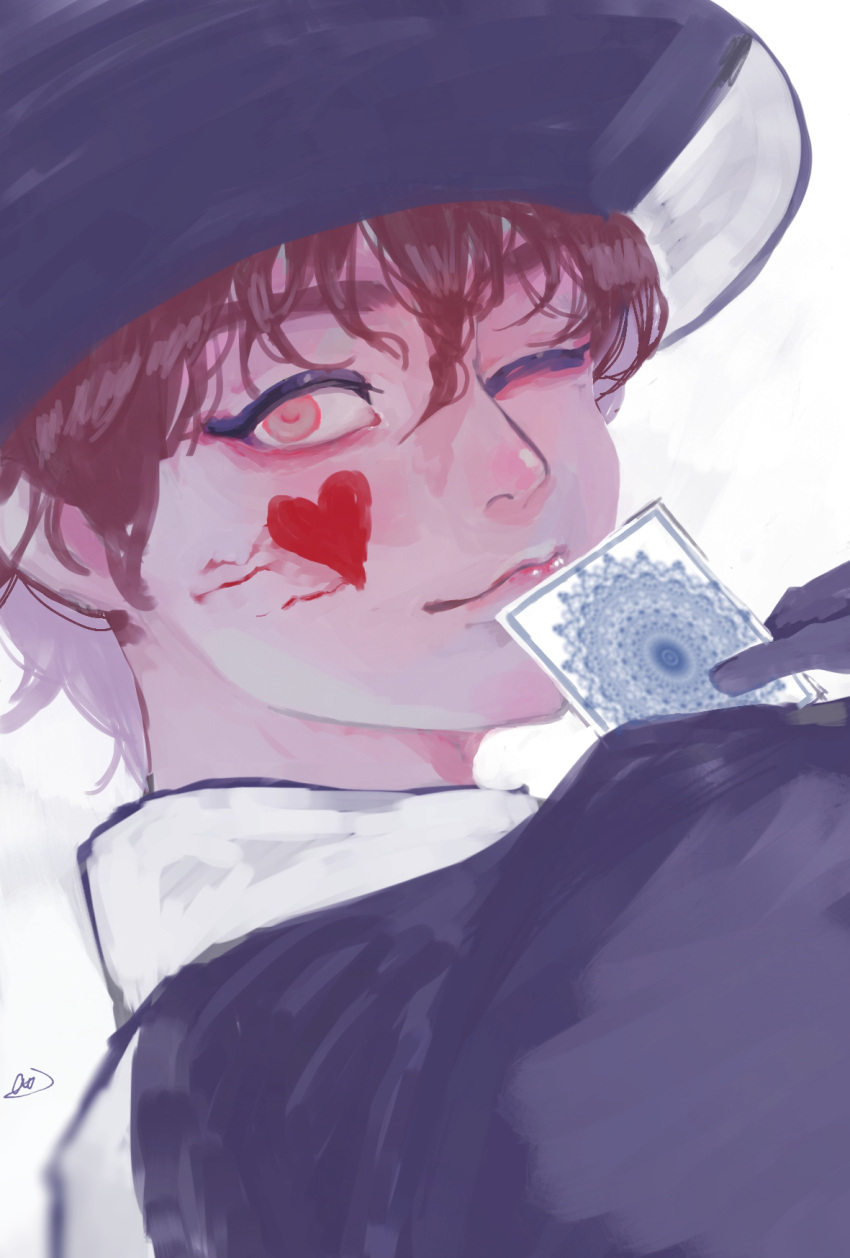 1boy, ao-illust, brown_hair, card, closed_mouth, disneyland, formal_clothes, hat
