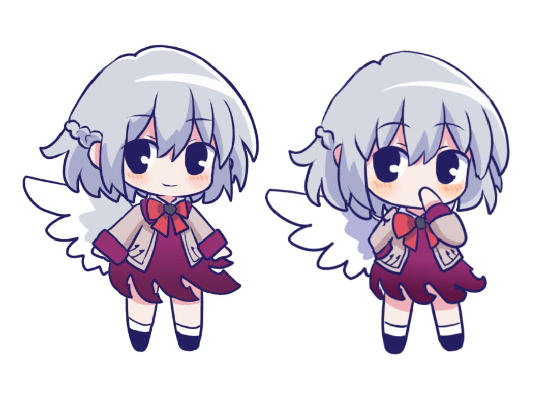 1girl, angel_wings, bow, bowtie, braid, chibi, chibi_only, closed_mouth