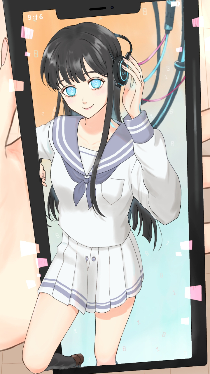 1girl, ai_(shining_nikki), black_hair, black_socks, blue_eyes, blue_neckerchief, blue_sailor_collar, breast_pocket