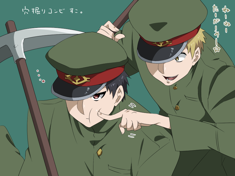..., 2boys, anime_coloring, aqua_background, black_hair, blonde_hair, breast_pocket, buttons