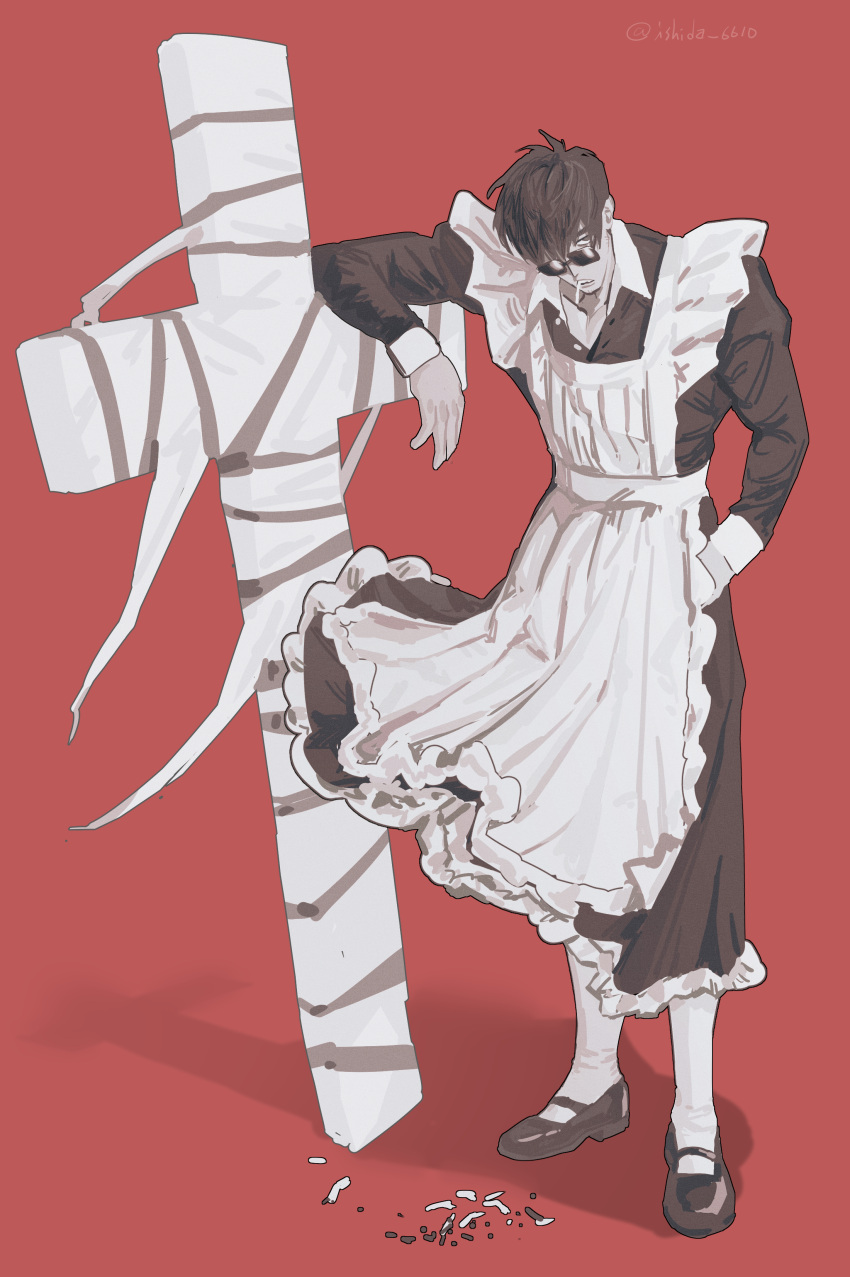 1boy, absurdres, apron, cigarette, collarbone, cross_punisher, crossdressing, crossdressing_(mtf)