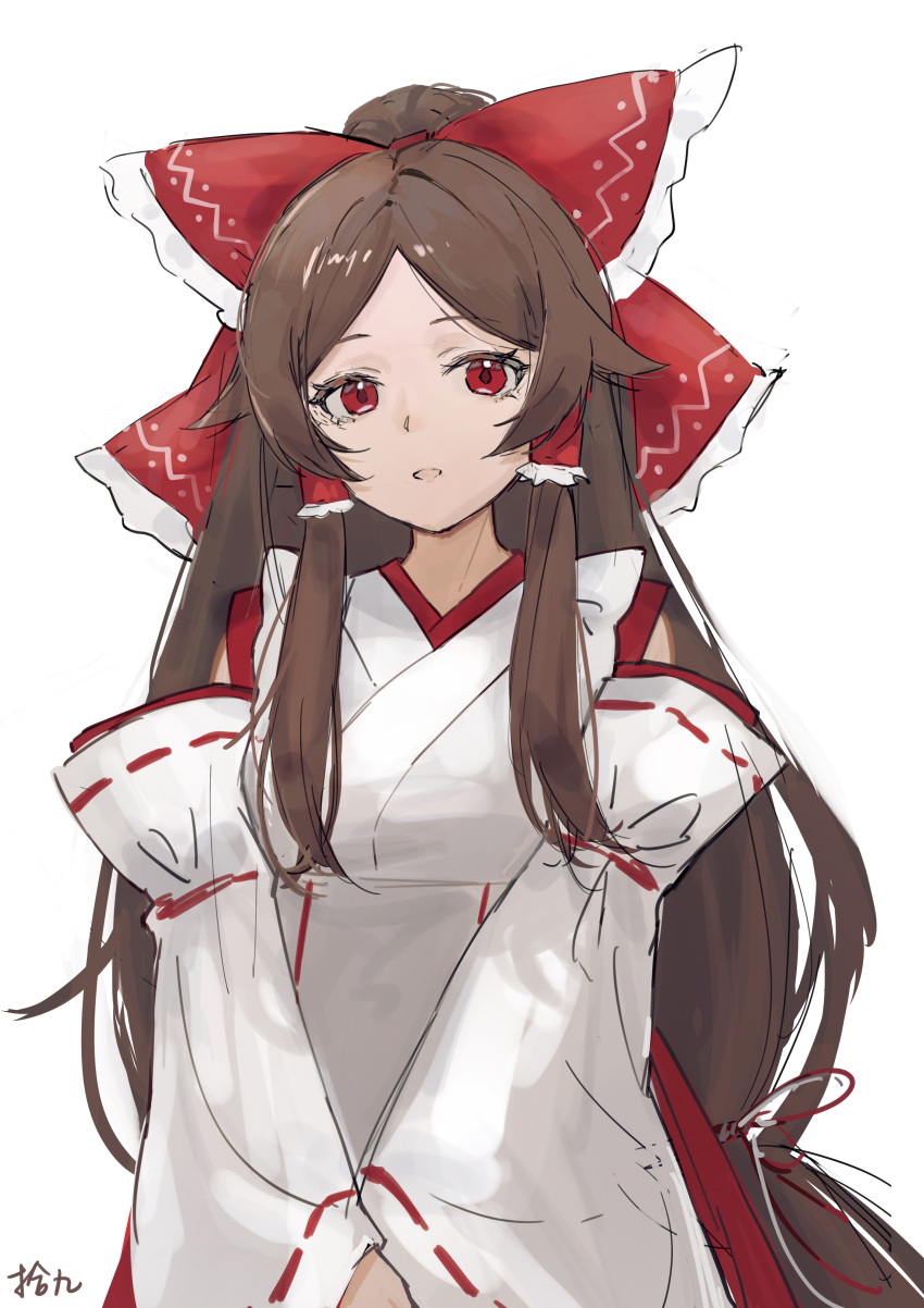 1girl, absurdres, bow, brown_hair, chinese_commentary, detached_sleeves, frilled_bow, frilled_hair_tubes