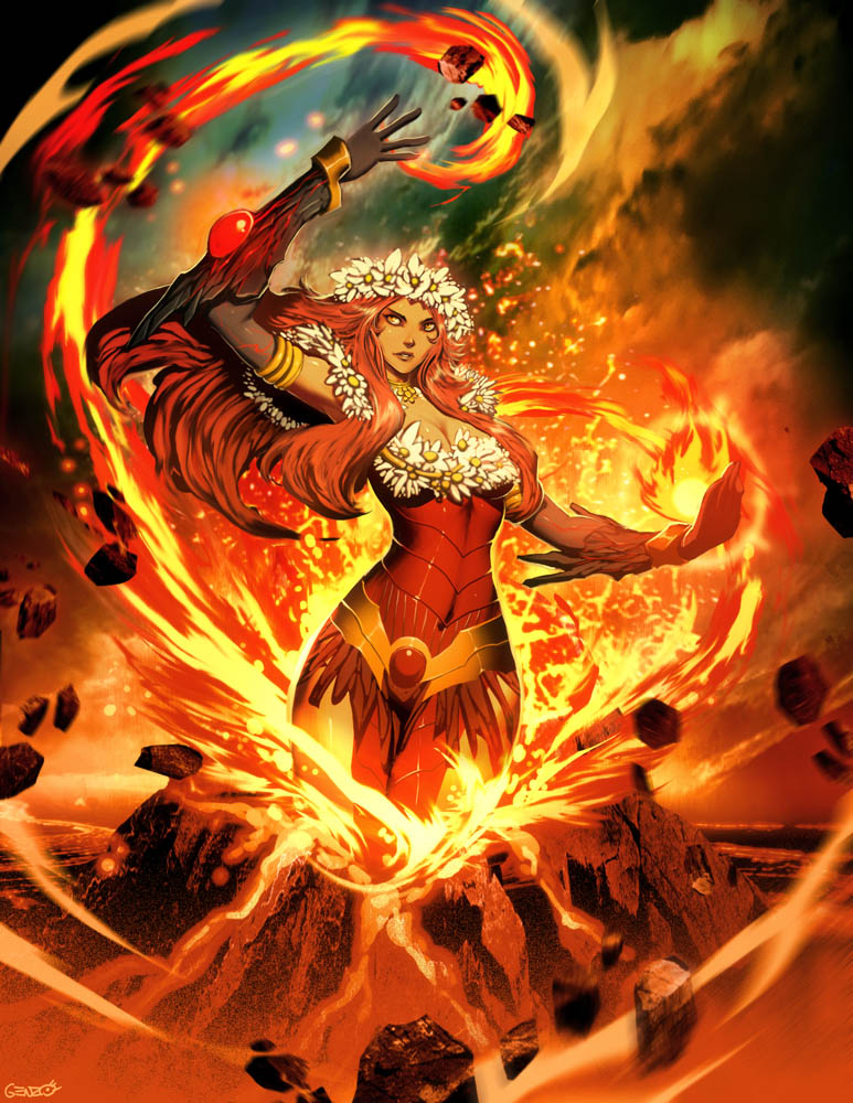 breasts, dark_skin, fire, genzoman, magic, molten_rock, oppai, pele