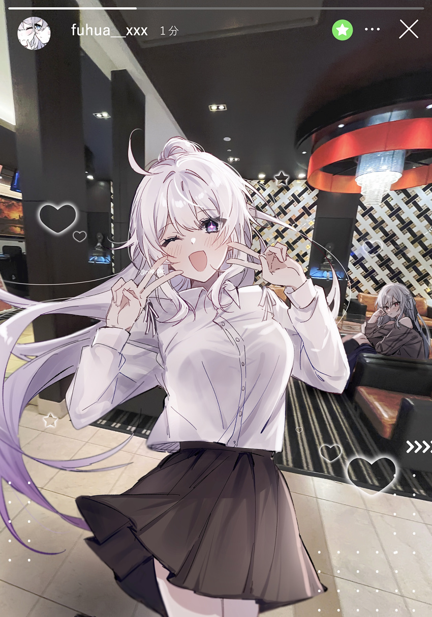 2girls, ;d, absurdres, ahoge, black_skirt, blue_eyes, blush, chair, collared_shirt, commentary_request, cowboy_shot, double_v, grey_hair, grey_shirt, heart, herrscher_of_sentience, highres, honkai_(series), honkai_impact_3rd, instagram, instagram_story, kiana_kaslana, kiana_kaslana_(herrscher_of_finality), long_hair, long_sleeves, multiple_girls, on_chair, one_eye_closed, open_mouth, photo_background, ponytail, rino_ebe, shirt, sitting, skirt, smile, solo_focus, star_(symbol), v, very_long_hair, white_hair, white_shirt
