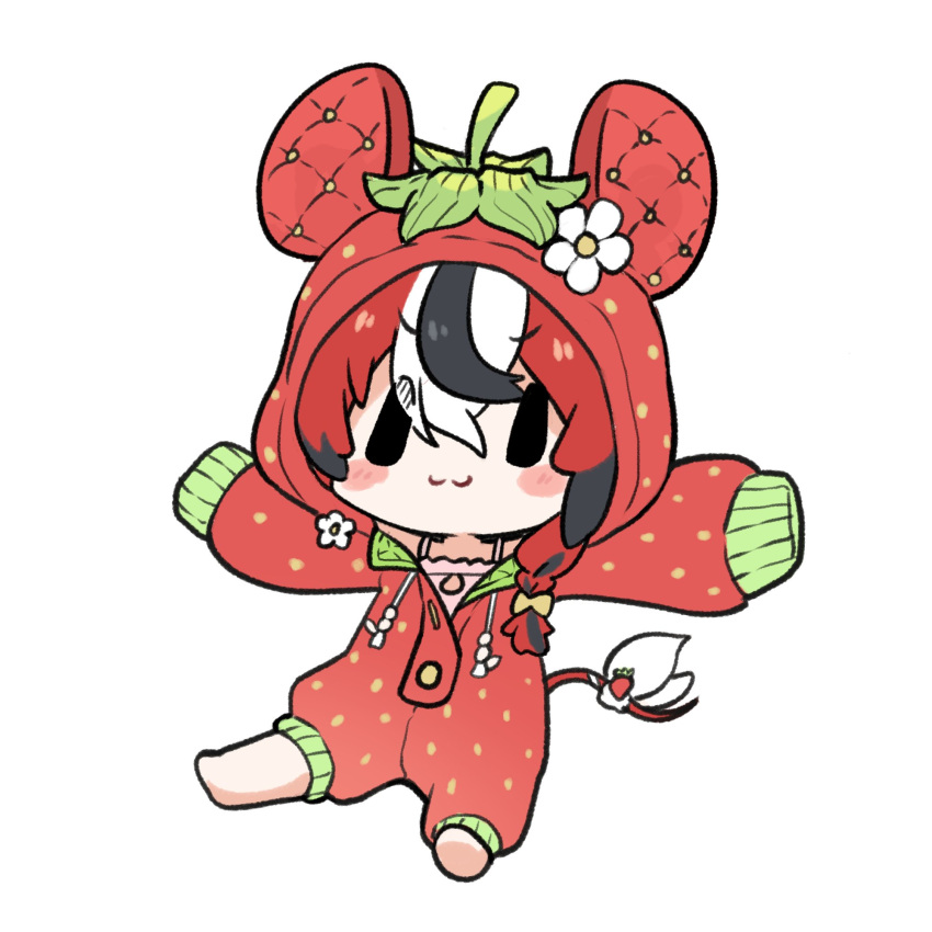 1girl, :3, animal_ears, animal_hood, barefoot, black_hair, blush_stickers, bow