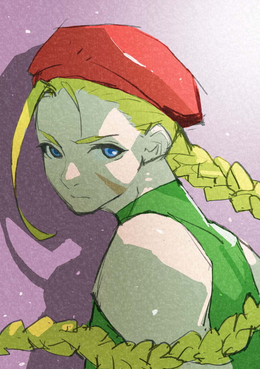 1girl, absurdres, beret, blue_eyes, braid, cammy_white, closed_mouth, e-kaki