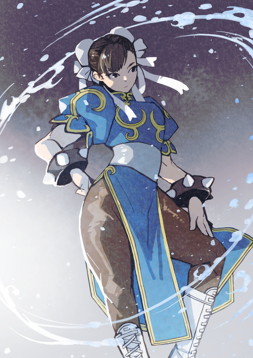 1girl, absurdres, blue_dress, boots, bracelet, brown_eyes, brown_hair, brown_pantyhose, bun_cover, china_dress, chinese_clothes, chun-li, double_bun, dress, e-kaki, earrings, gradient_background, grey_background, hair_bun, hair_pulled_back, highres, jewelry, lace-up_boots, pantyhose, pelvic_curtain, puffy_short_sleeves, puffy_sleeves, sash, short_sleeves, side_slit, solo, spiked_bracelet, spikes, street_fighter, street_fighter_ii_(series), white_boots