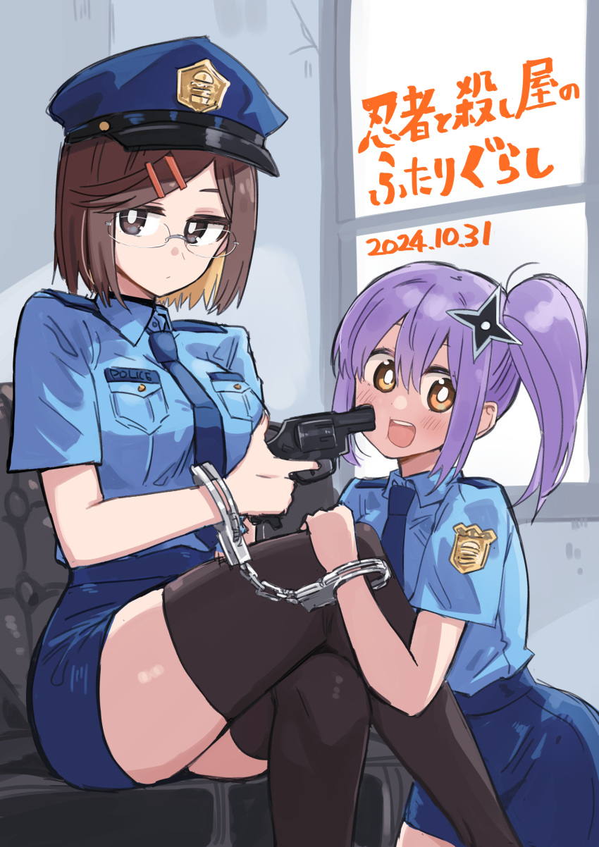 2girls, brown_eyes, brown_hair, glasses, hair_ornament, highres, hundredburger, japanese_clothes