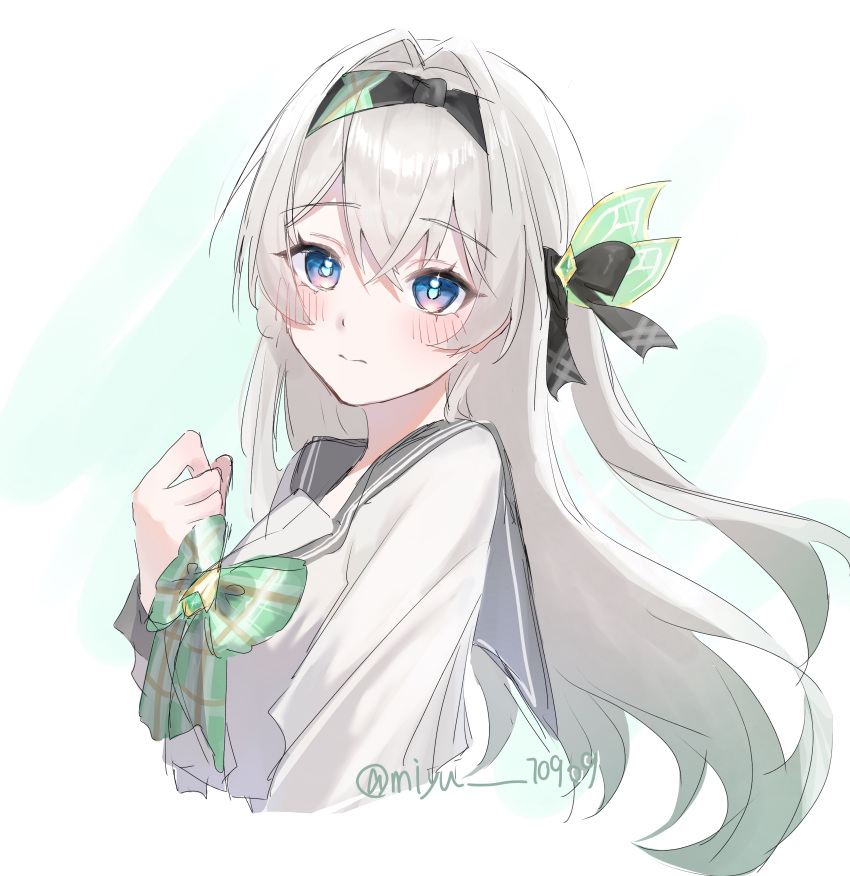 absurdres, black_hairband, black_ribbon, blush, bow, bowtie, closed_mouth, firefly_(honkai:_star_rail), firefly_(spring_missive)_(honkai:_star_rail), gradient_eyes, gradient_hair, green_bow, green_bowtie, grey_hair, grey_sailor_collar, hair_between_eyes, hair_intakes, hair_ornament, hair_ribbon, hairband, highres, honkai:_star_rail, honkai_(series), long_hair, miyu_10969, multicolored_eyes, multicolored_hair, plaid_bow, plaid_bowtie, plaid_clothes, ribbon, sailor_collar, twitter_username, upper_body