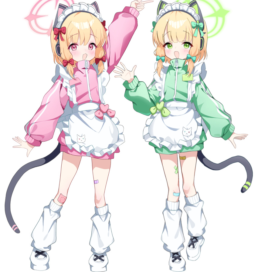 2girls, alternate_costume, animal_ear_headphones, animal_ears, apron, arm_up, bandaid, bandaid_on_knee