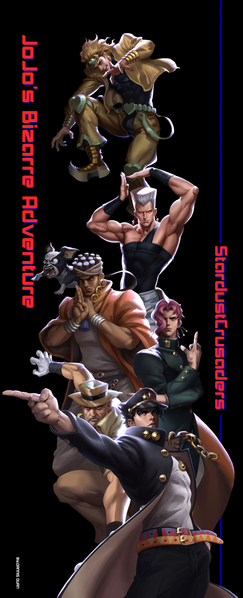 6+boys, absurdres, armpits, beard, belt, black_coat, black_hair, black_hat